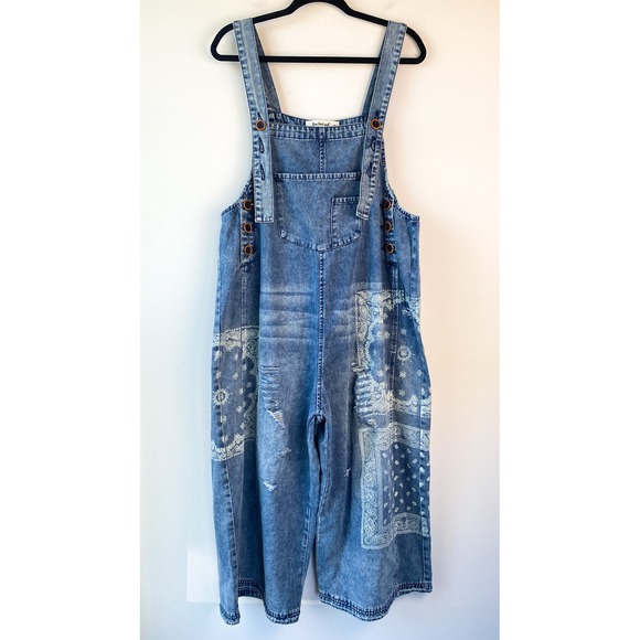NWT Three Bird Nest High Hopes Slouchy Denim Overalls M Blue Bandana Jumpsuit - Picture 4 of 13